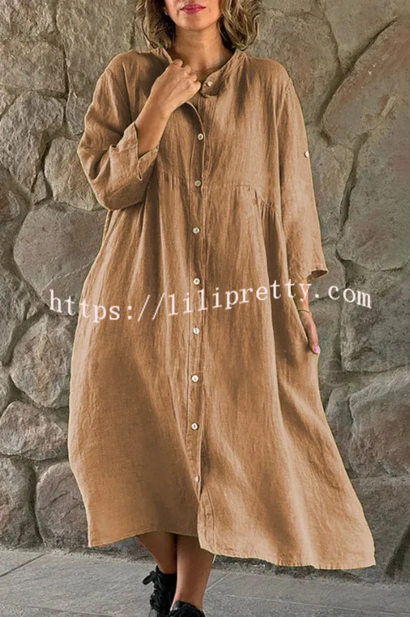 Mindful Cotton Blend Solid Color Button Casual Midi Dress