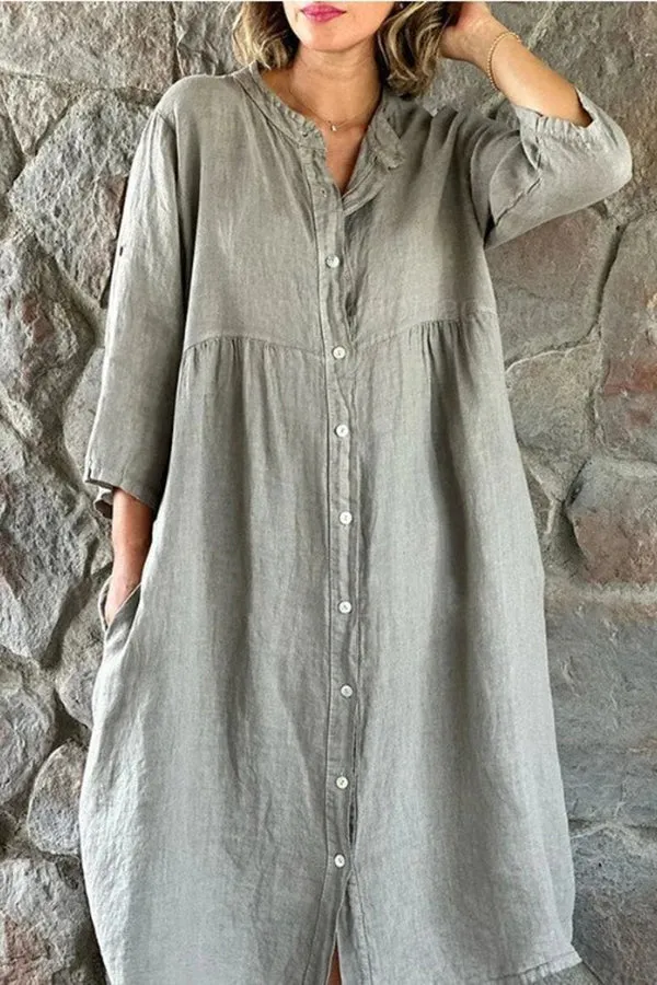 Mindful Cotton Blend Solid Color Button Casual Midi Dress