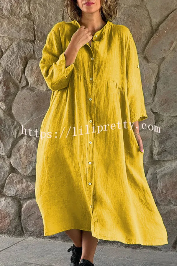 Mindful Cotton Blend Solid Color Button Casual Midi Dress