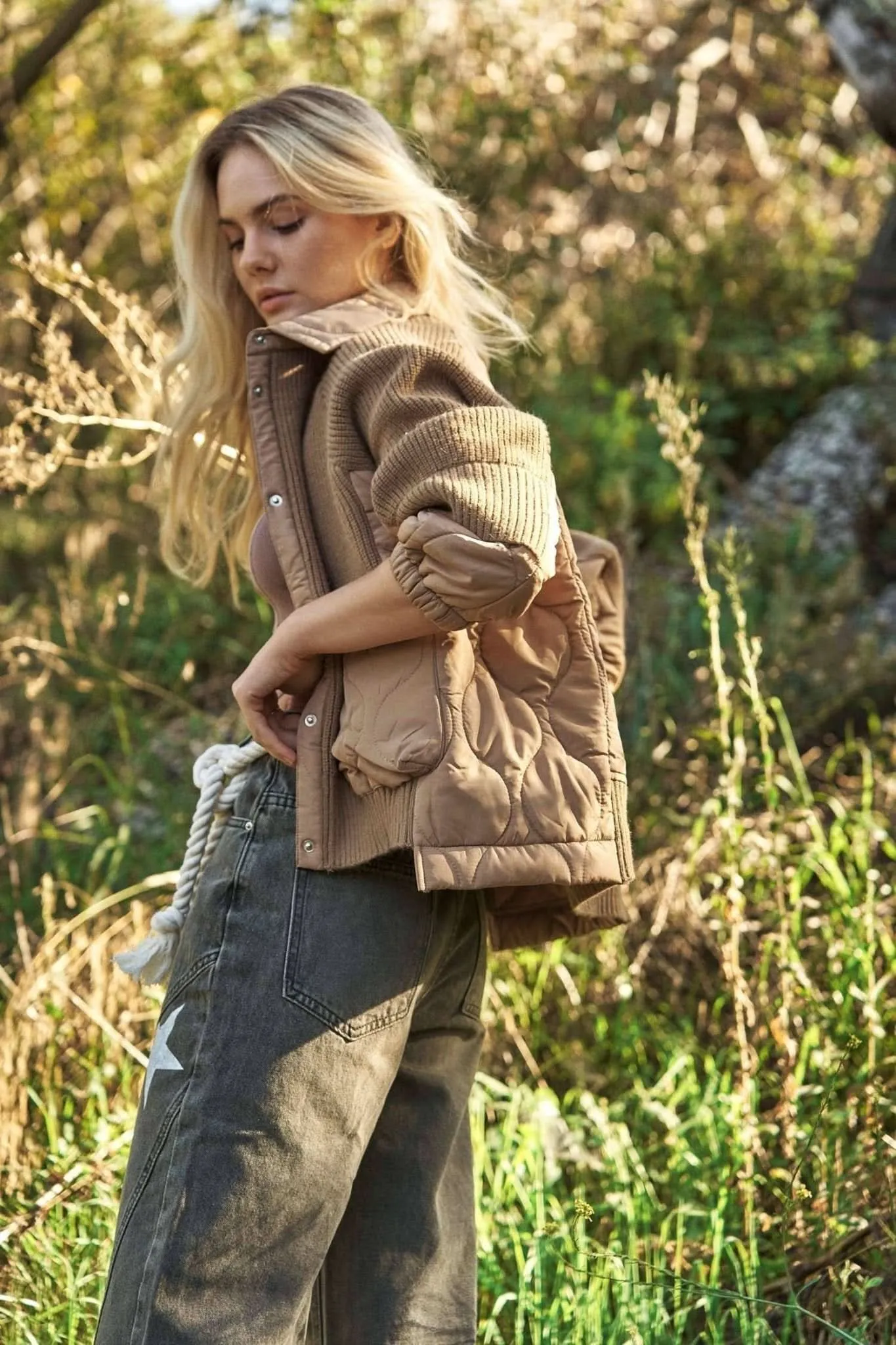 Mocha Ribbed Sweater Jacket with Quilted Detail