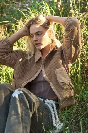 Mocha Ribbed Sweater Jacket with Quilted Detail