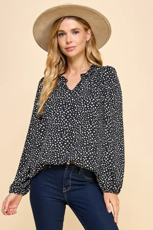 Polka Dot Ruffle V-Neck Blouse
