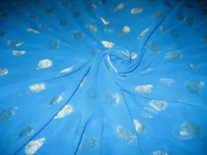 Polyester georgette Aqua Blue color fabric with metallic silver & gold jacquard ~ 44 inches wide[1094]
