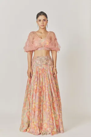 Roushed Net Crop Top, Muslin Silk Gathered Lehenga