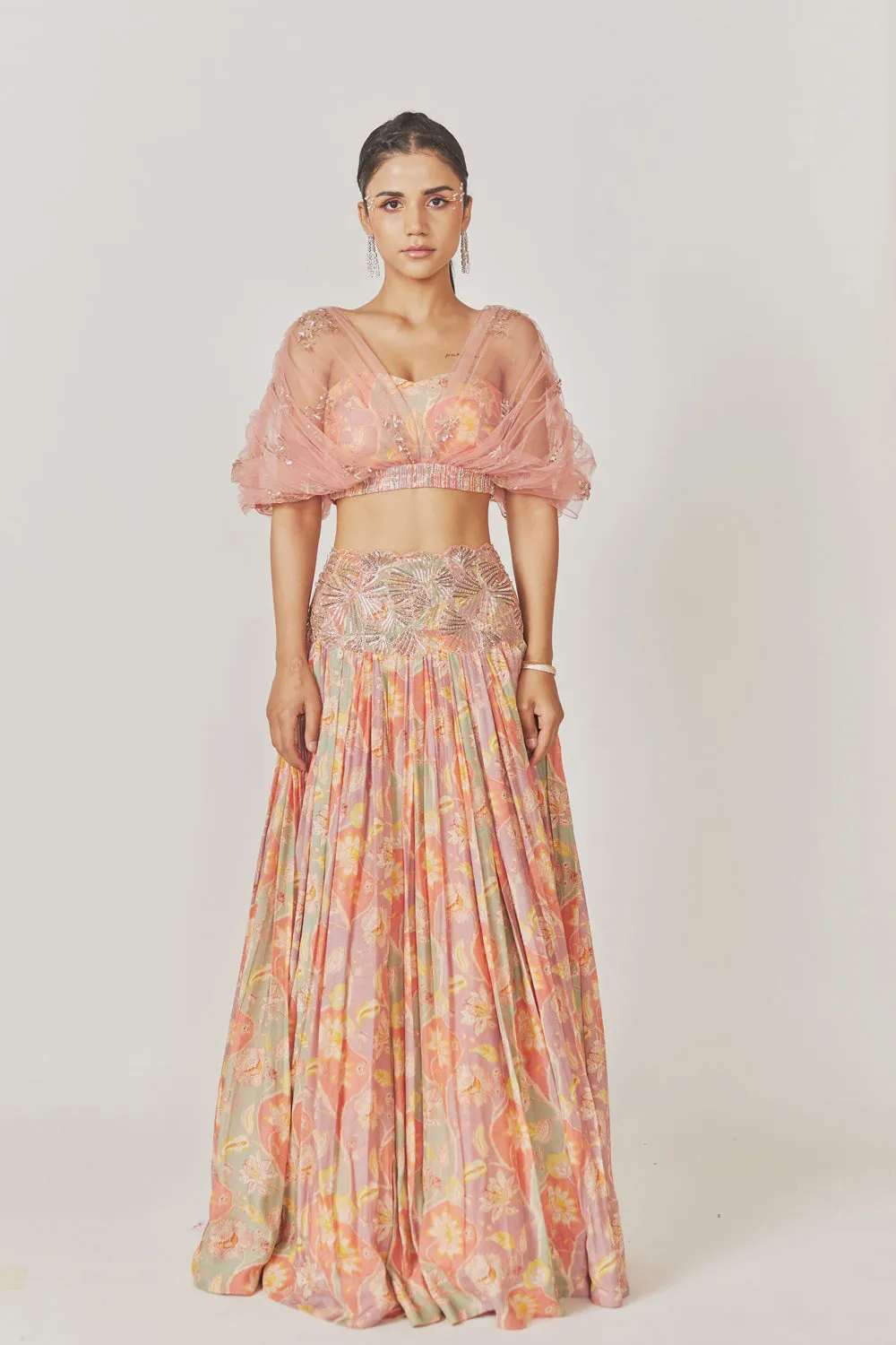 Roushed Net Crop Top, Muslin Silk Gathered Lehenga
