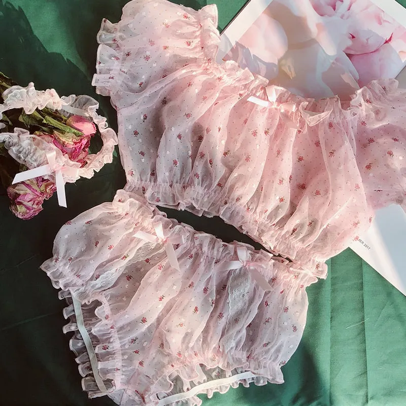 Sheer Stars Ultra-thin Gauze Ruffles Off Shoulder Sleeve Tops Shorts Leg Ring Underwear Set Temptation