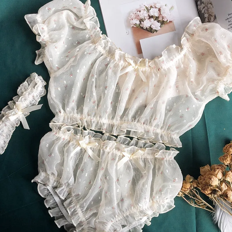 Sheer Stars Ultra-thin Gauze Ruffles Off Shoulder Sleeve Tops Shorts Leg Ring Underwear Set Temptation