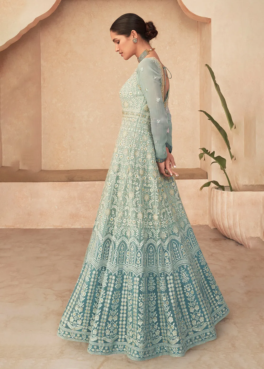 Superb Teal Blue Embroidered Real Georgette Wedding Anarkali Suit