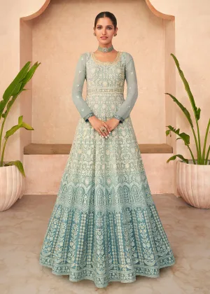 Superb Teal Blue Embroidered Real Georgette Wedding Anarkali Suit