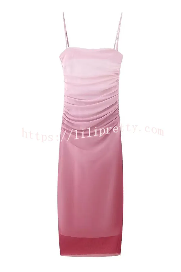Timeless Sexy Mesh Gradient Ruched Cowl Neck Midi Dress