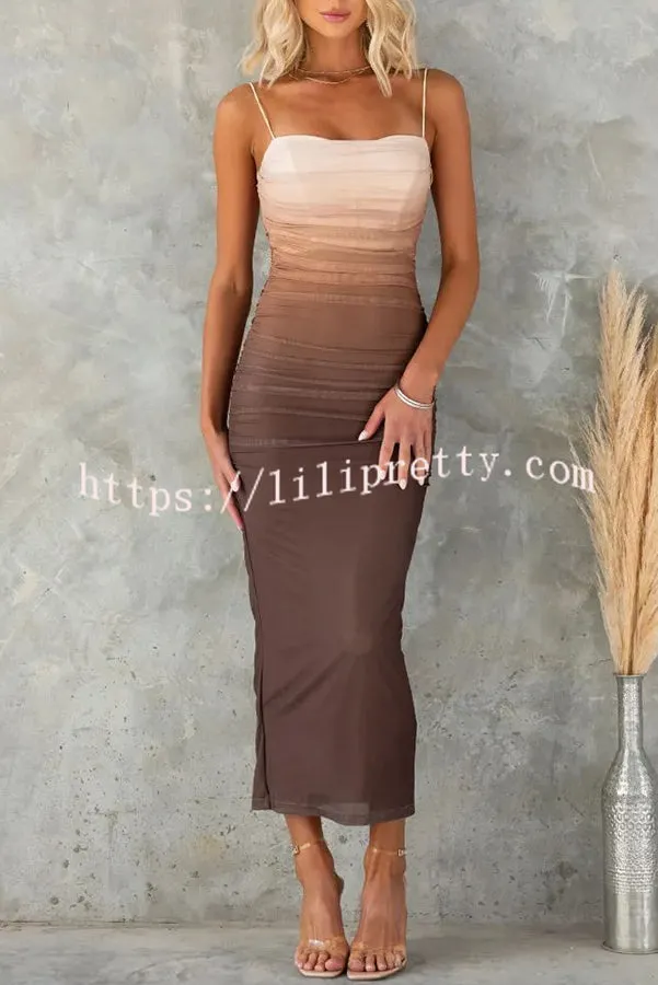 Timeless Sexy Mesh Gradient Ruched Cowl Neck Midi Dress