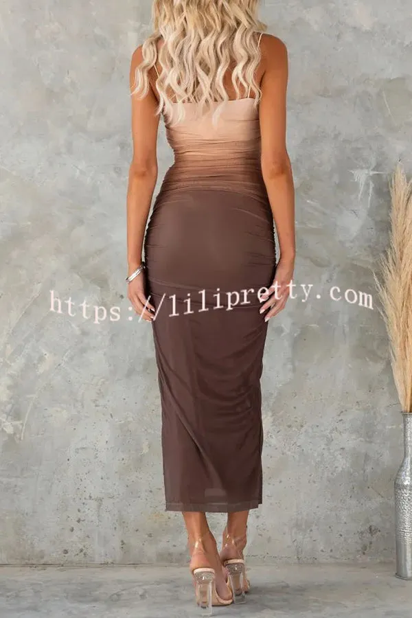 Timeless Sexy Mesh Gradient Ruched Cowl Neck Midi Dress