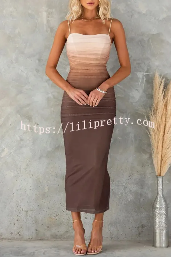 Timeless Sexy Mesh Gradient Ruched Cowl Neck Midi Dress