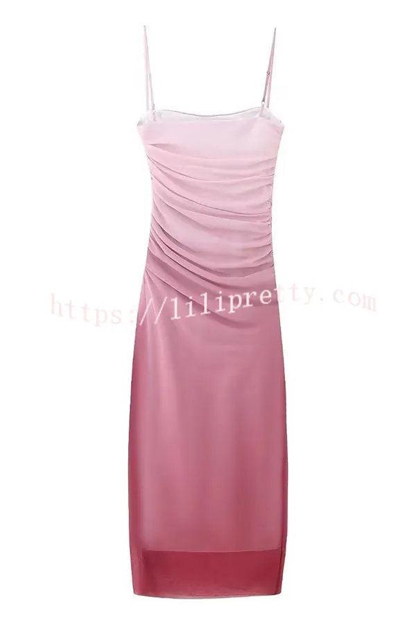Timeless Sexy Mesh Gradient Ruched Cowl Neck Midi Dress