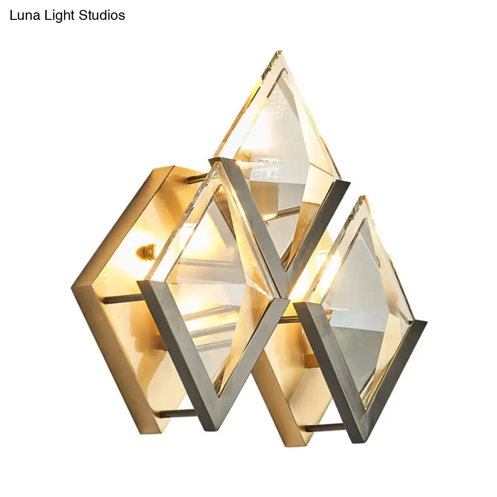 Vintage Gold Rhombus Wall Sconce with Clear Crystal - 3-Head Wall Mounted Lamp