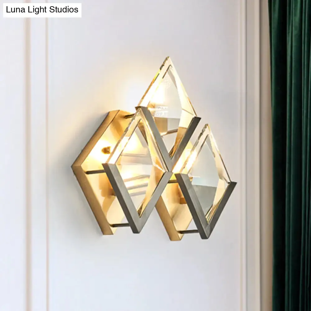 Vintage Gold Rhombus Wall Sconce with Clear Crystal - 3-Head Wall Mounted Lamp