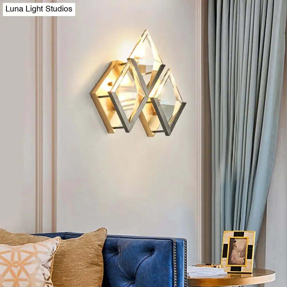 Vintage Gold Rhombus Wall Sconce with Clear Crystal - 3-Head Wall Mounted Lamp