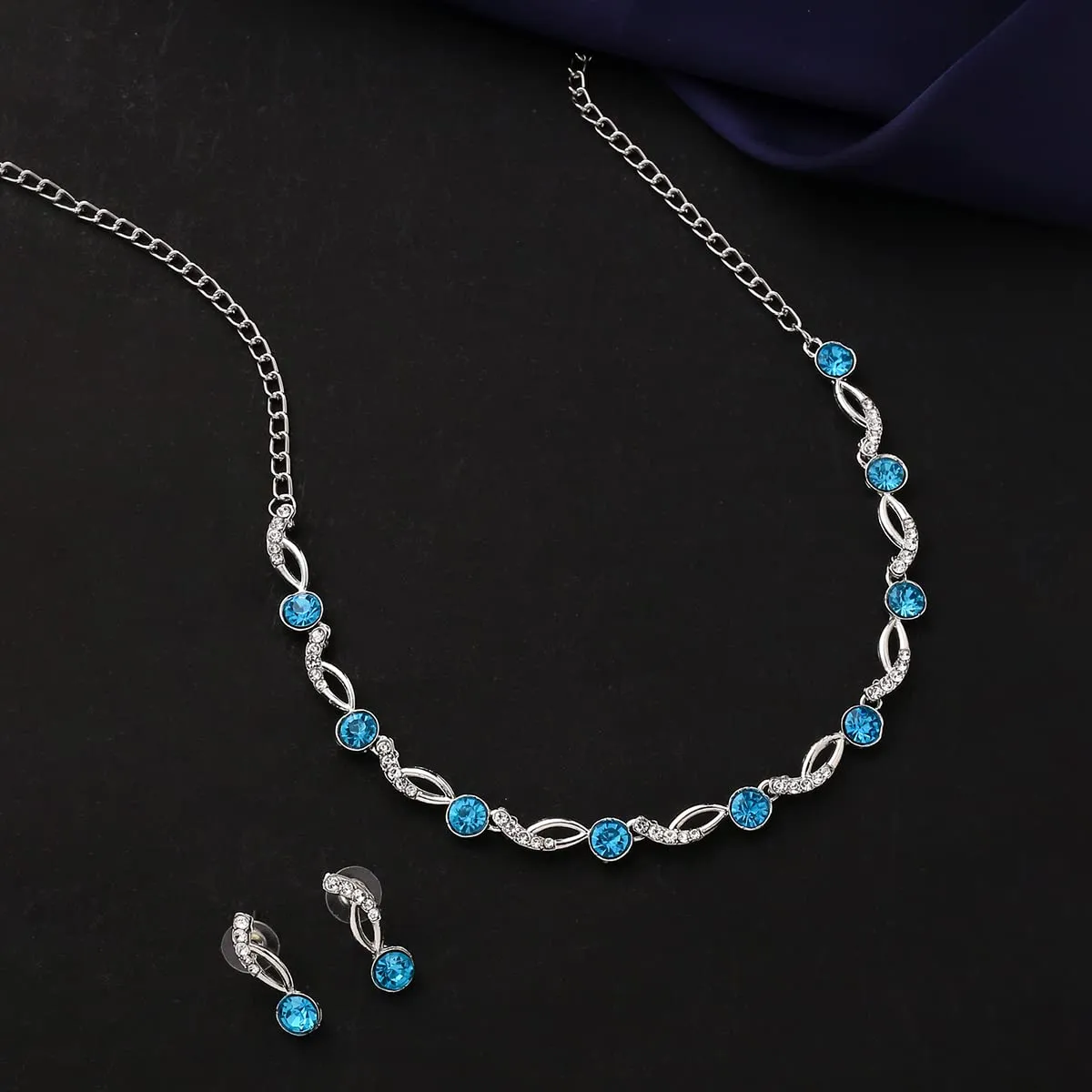 Yellow Chimes Jewellery Set for Women and Girls Crystal Jewellery Set for Women| Silver Tone White and Blue Crystal Choker Necklace Set | Birthday Gift for girls and women Anniversary Gift for Wife